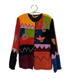 Vintage Allure Patchwork Jacket L Colorblock Boho Artsy Embroidered Toggle Coat